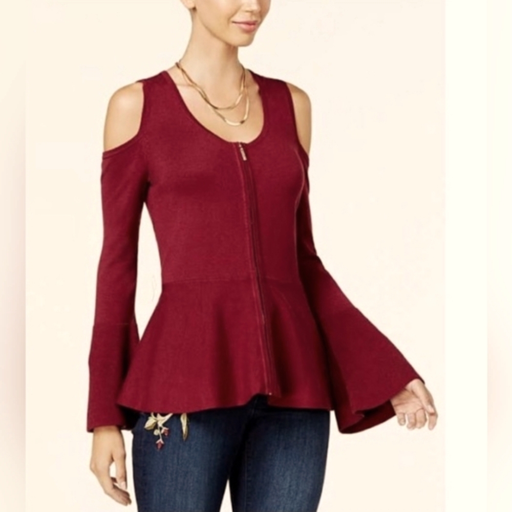 Thalia Sodi Size XX-Large Red Cold Shoulder Zip Front Stretch Peplum Top